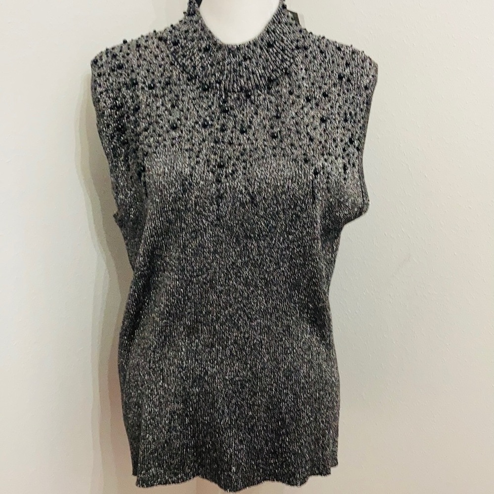 NWT Investments Black Beaded Metallic Sleeveless Blouse Size XL - Picture 2 of 14